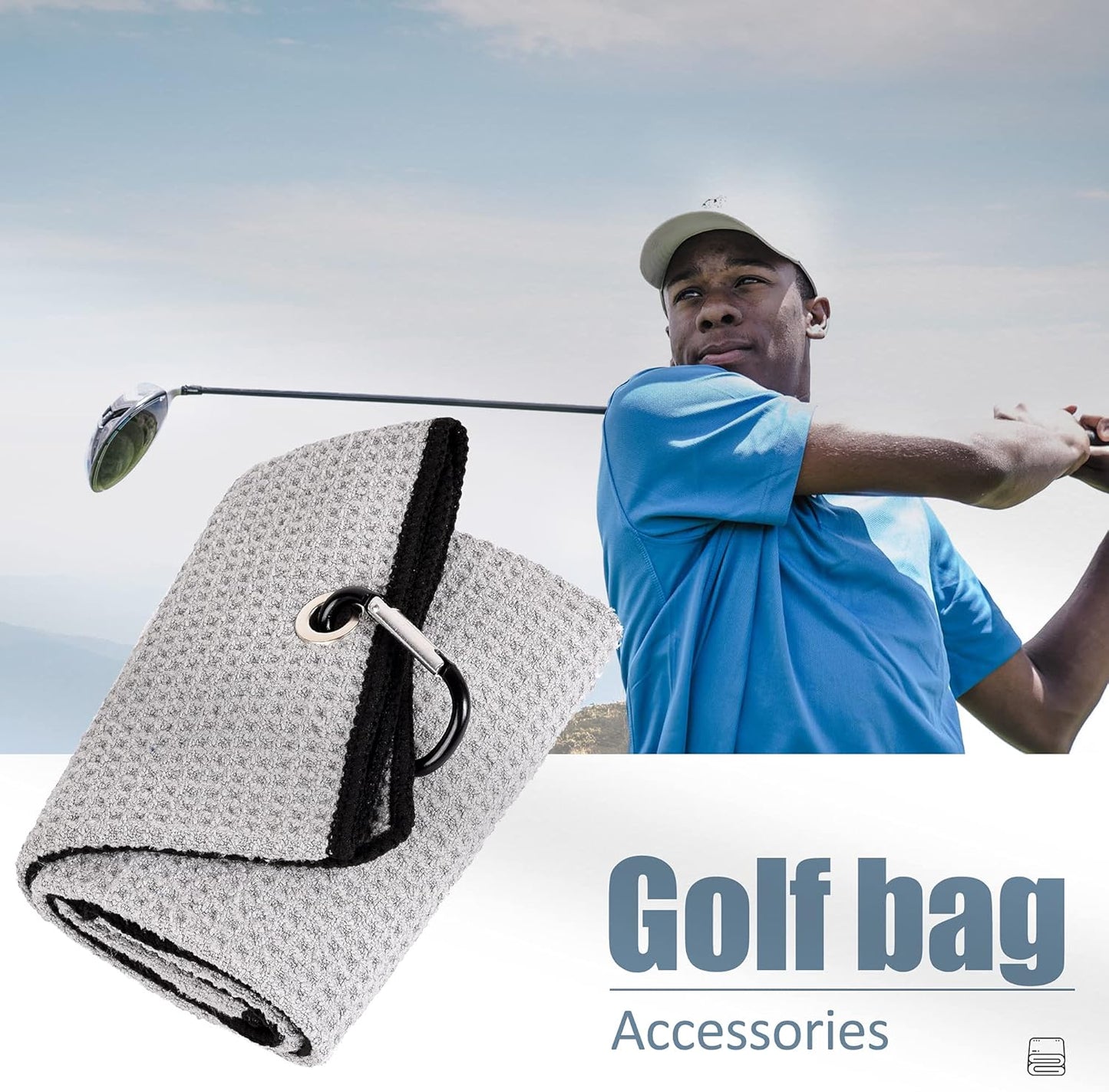 Tri-Fold Golf Towel | 16" X 24" | Premium Microfiber Fabric | Waffle Pattern | with Heavy Duty Carabiner Clip | for Men and Women (Gray)