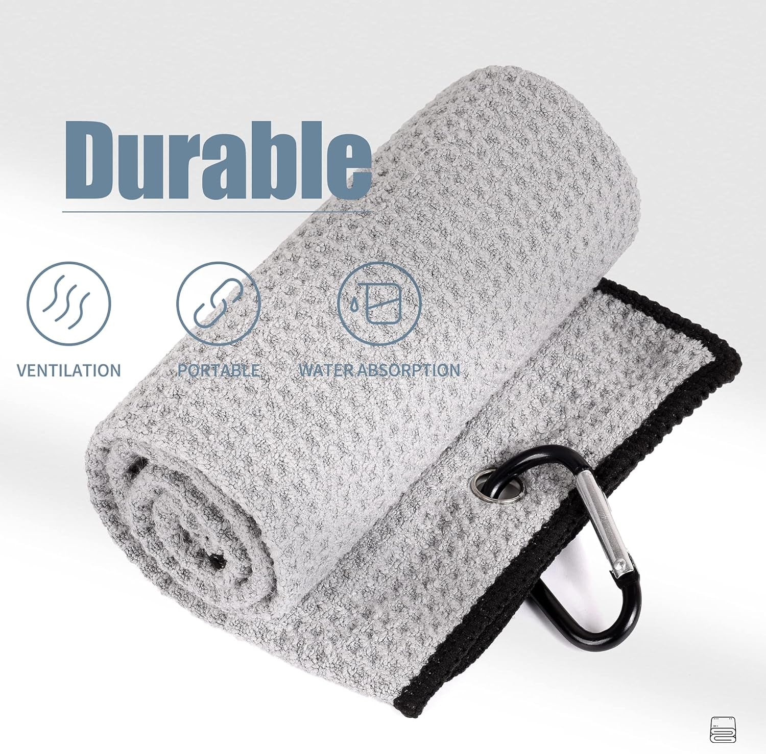 Tri-Fold Golf Towel | 16" X 24" | Premium Microfiber Fabric | Waffle Pattern | with Heavy Duty Carabiner Clip | for Men and Women (Gray)