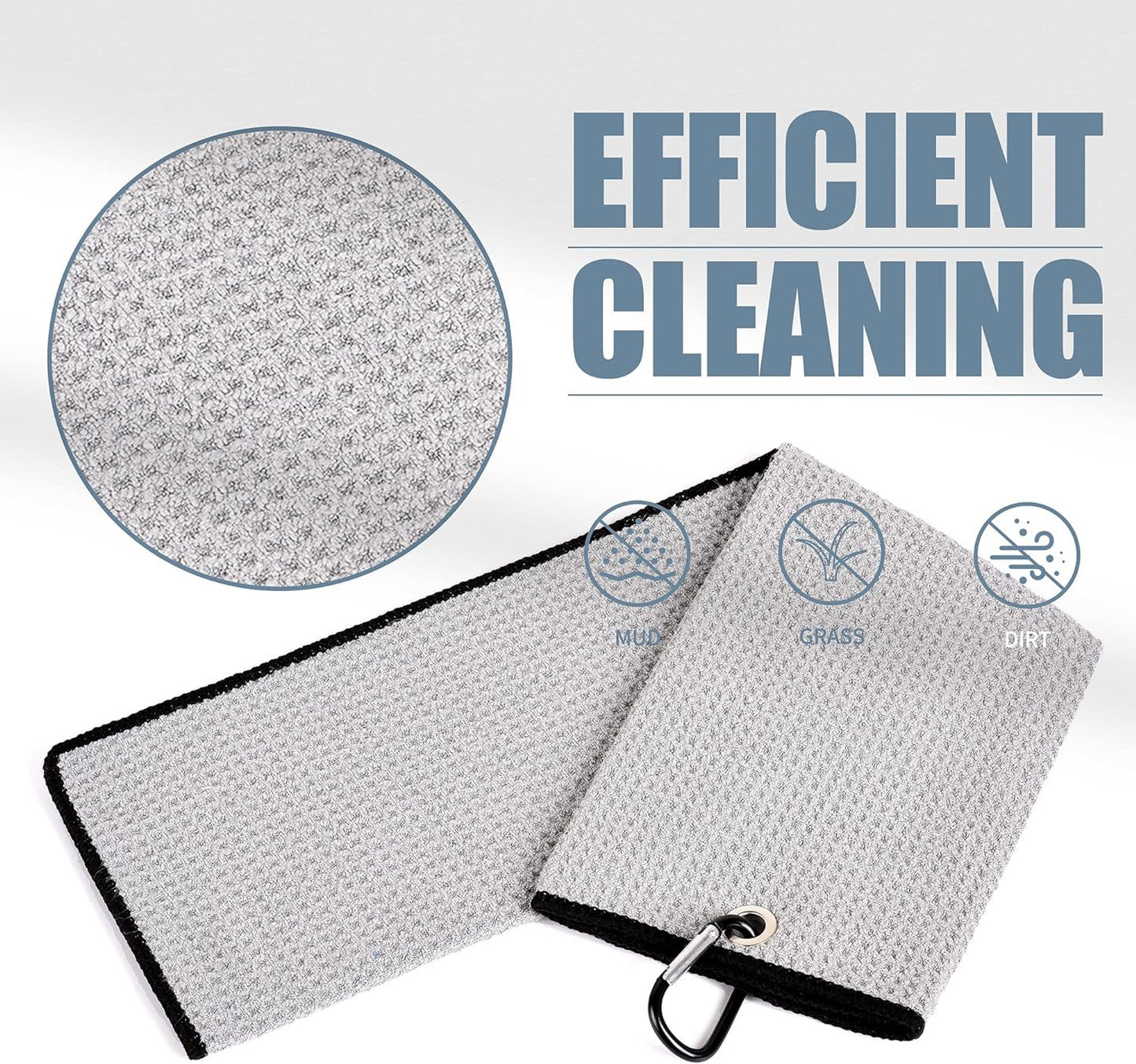 Tri-Fold Golf Towel | 16" X 24" | Premium Microfiber Fabric | Waffle Pattern | with Heavy Duty Carabiner Clip | for Men and Women (Gray)