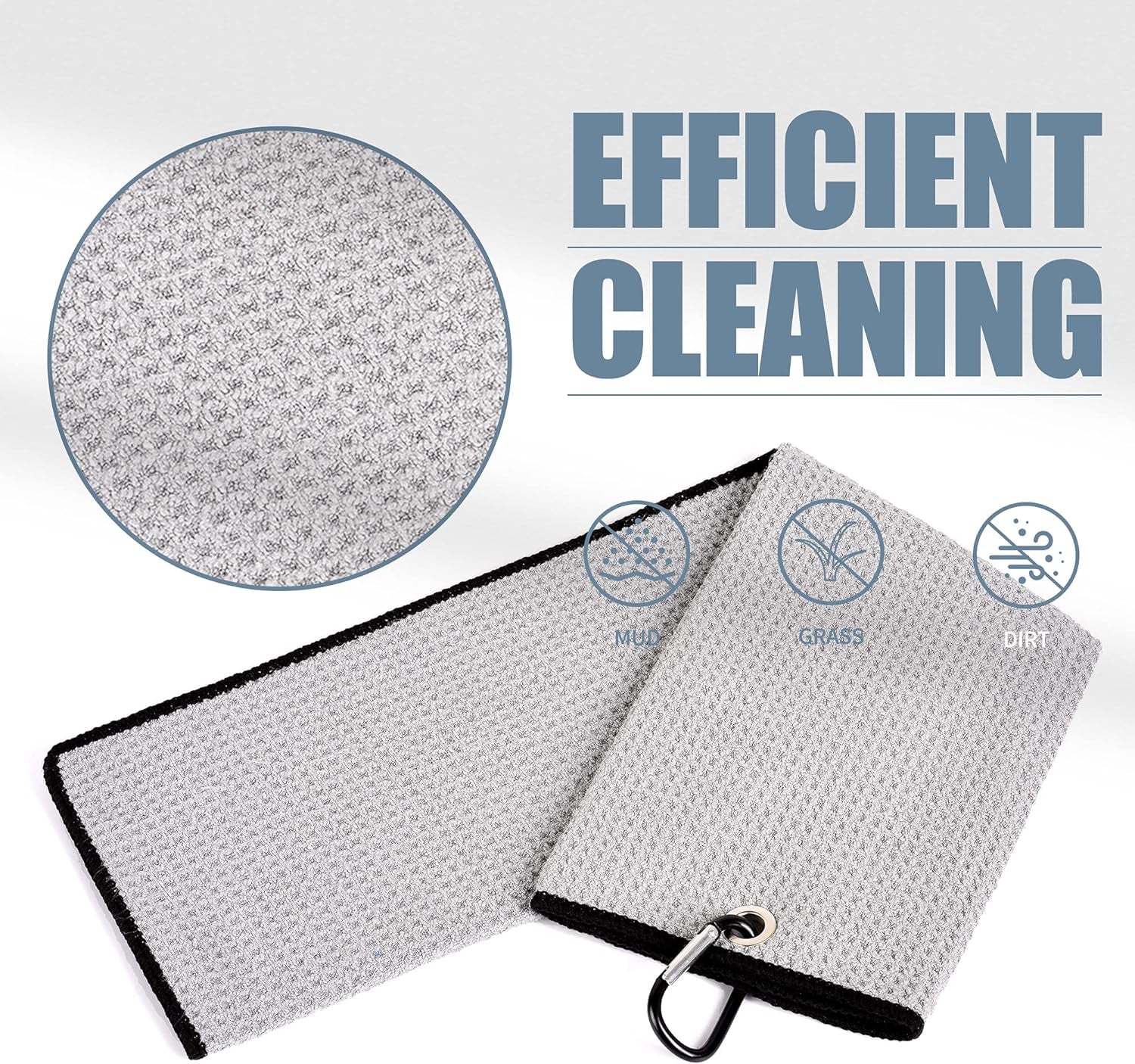 Tri-Fold Golf Towel | 16" X 24" | Premium Microfiber Fabric | Waffle Pattern | with Heavy Duty Carabiner Clip | for Men and Women (Gray)