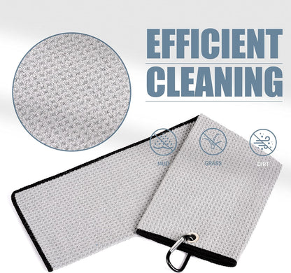 Tri-Fold Golf Towel | 16" X 24" | Premium Microfiber Fabric | Waffle Pattern | with Heavy Duty Carabiner Clip | for Men and Women (Gray)