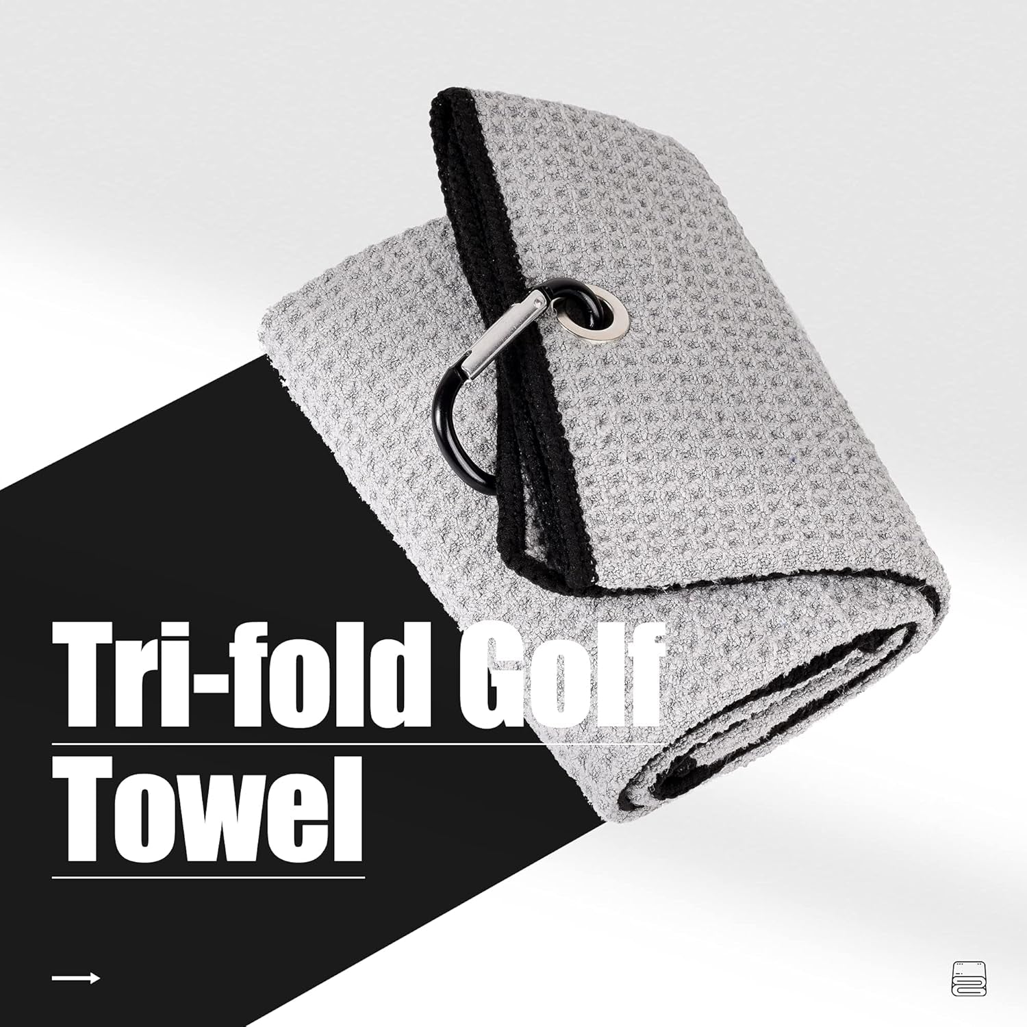 Tri-Fold Golf Towel | 16" X 24" | Premium Microfiber Fabric | Waffle Pattern | with Heavy Duty Carabiner Clip | for Men and Women (Gray)