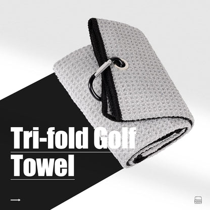 Tri-Fold Golf Towel | 16" X 24" | Premium Microfiber Fabric | Waffle Pattern | with Heavy Duty Carabiner Clip | for Men and Women (Gray)