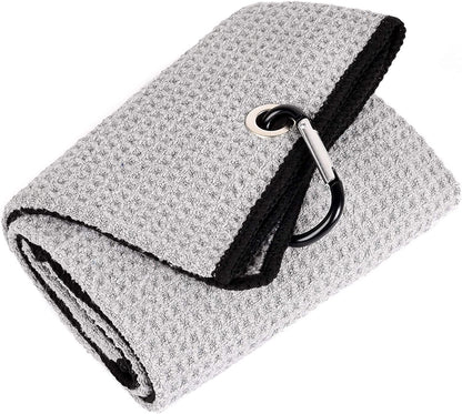 Tri-Fold Golf Towel | 16" X 24" | Premium Microfiber Fabric | Waffle Pattern | with Heavy Duty Carabiner Clip | for Men and Women (Gray)