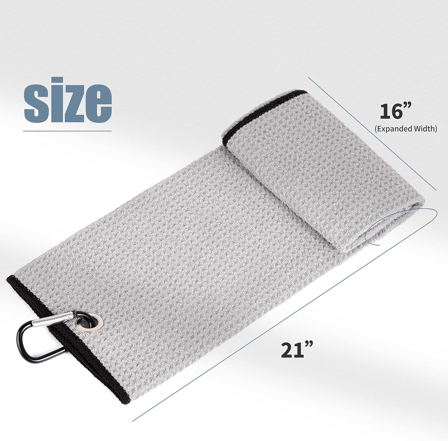 Tri-Fold Golf Towel | 16" X 24" | Premium Microfiber Fabric | Waffle Pattern | with Heavy Duty Carabiner Clip | for Men and Women (Gray)