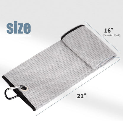 Tri-Fold Golf Towel | 16" X 24" | Premium Microfiber Fabric | Waffle Pattern | with Heavy Duty Carabiner Clip | for Men and Women (Gray)